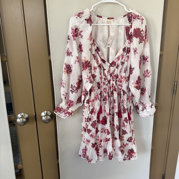 Free People Womens Large Ivory Combo Floral Long Sleeve‎ Camellia Mini Dress - Picture 2 of 11